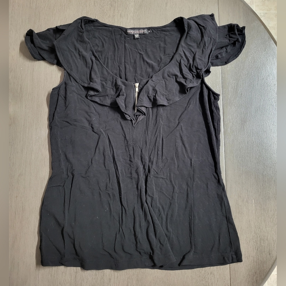 Chic Black Ruffled Blouse, Flutter Sleeves, Robert Kitchen